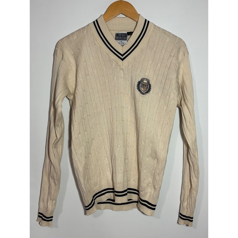 Vintage Yale Bulldogs V-Neck Cable Knit Sweater Cream Navy Striped Mens M Preppy